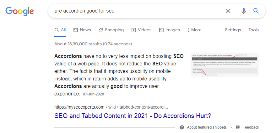 featured snippet for "are accordion good for seo"